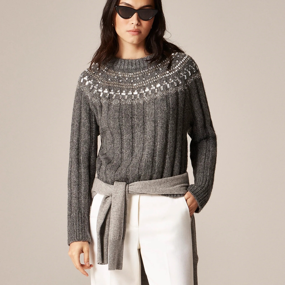 New! J. Crew Sz XS Gray Crystal Stone Fair Isle Wool Sweater NWT - Picture 4 of 13